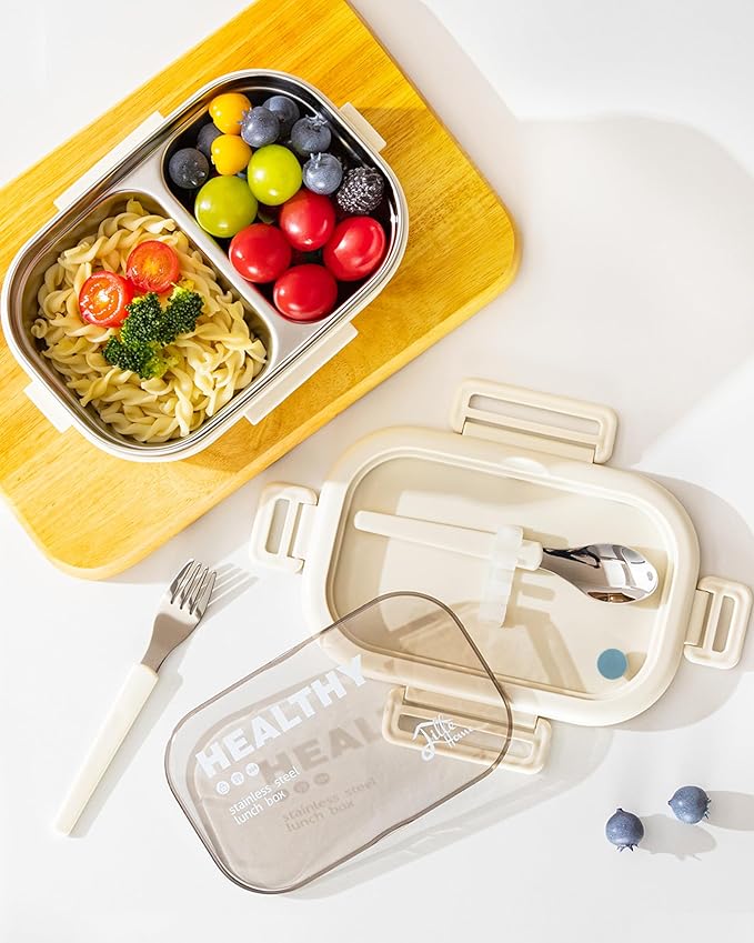 Lille Home 28oz Stainless Steel Leakproof 2-Compartment Bento Lunch Box/Portion Control Food Container with Lunch Bag and Cutlery Set, BPA Free (Beige)