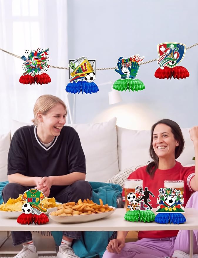 Soccer Table Decorations, 9PCS Soccer Centerpieces for Table, Green Red Blue Honeycomb Centerpieces, 3D Sports Themed Party Decorations for Game Day, Birthday & Sports Watch Party Supplies