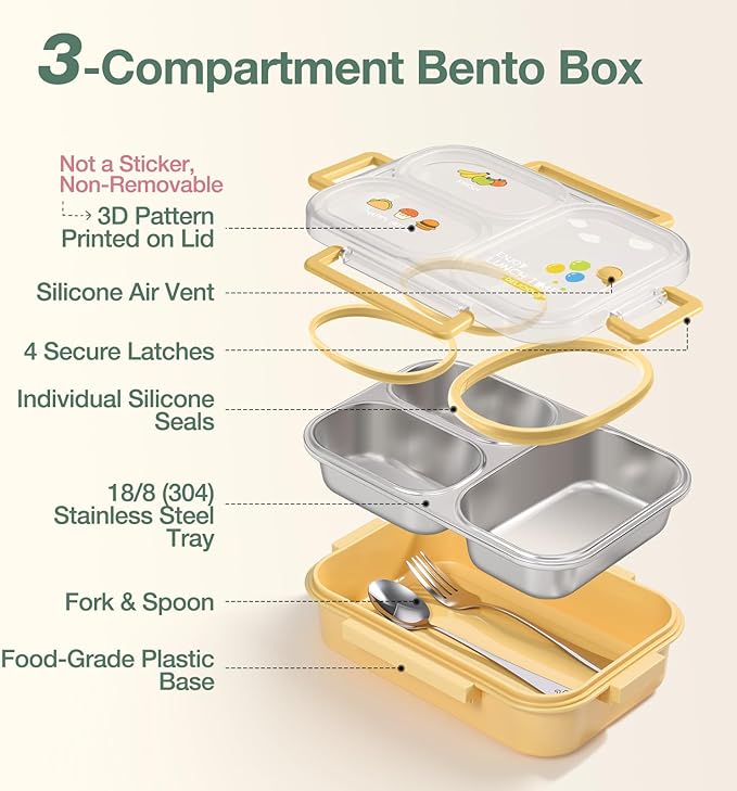 NUKied Stainless Steel Lunch Box for Kids & Adults, 3-Compartment Leak Proof Metal Bento Lunch Box with Fork & Spoon, 26.4 oz Airtight Food Storage Snack Container for School, Work, Travel (Yellow)