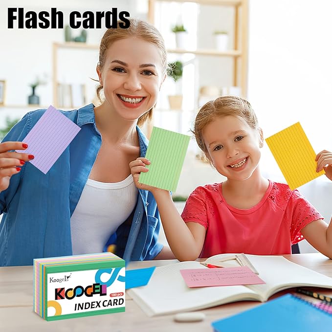 Koogel Index Cards 4x6 Inch, 180 Count, Colored Large Flash Card for Studying, Heavy Notecard Note Taking for School Students Teachers College Office Home Supplies, 9 Assorted Colors