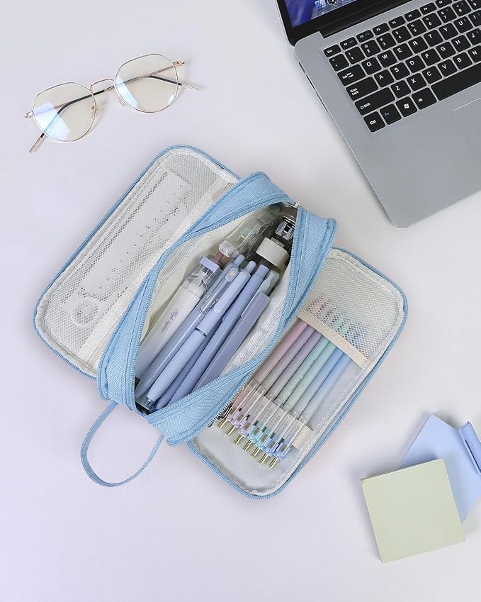 SKYDUE Large Capacity Pencil Case with Handle, 3 Compartment Canvas Pencil Pouch, Cute Soft Color Pencil Bag for Pens, Markers, Aesthetic Stationery and Organizer for Teen Girls Adult, Light Blue