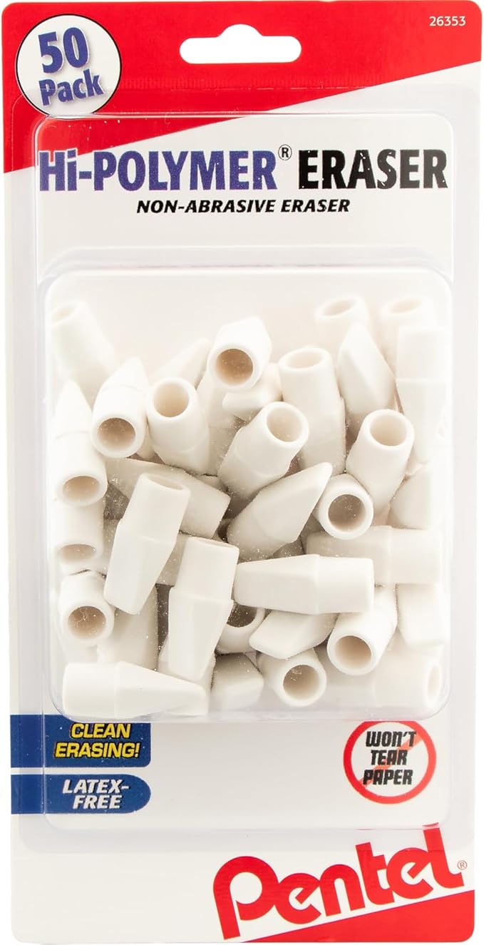 Pentel Hi-Polymer White Cap Erasers, 50 Pack (ZEH02BP50), Rectangular