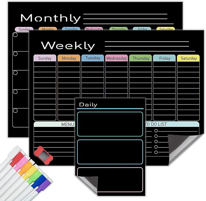 Hivillexun Black Magnetic Dry Erase Calendar for Fridge - 3 Pack Monthly, Weekly & Daily Planner Set (14"x11"), Includes 8 Neon Ultra-Fine Tip Markers & Large Eraser, Reusable Whiteboard for Kitchen