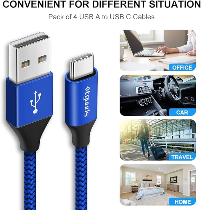 etguuds Blue Long USB A to USB C Cable 10ft, 2-Pack Fast Charging Type C Charger Cord for iPhone 17 16 15 Pro Max Plus Air 16e, Samsung Galaxy S25 S24 S23 S22 S21 S20 Note 20 A17 A16 A15 A26 A36 A56