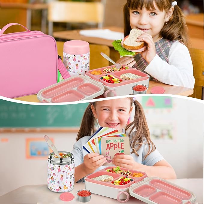 wiwens Bento Lunch Box for Kids with 12oz Soup Thermo Leak-Proof Lunch Food Container with 5 Compartment Thermo Hot Food Jar and Insulated Lunch Bag for Kid Toddler Girls Boys to School