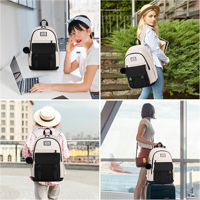 WINDARS School Backpack for Teen Girls, Cute College Backpacks for Women Students Aesthetic Bookbag Large 15.6 Inch Laptop Bag Middle School Travel Back Pack (Black Beige)