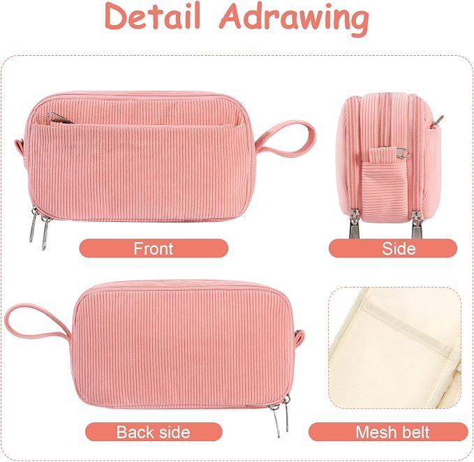 BuyCard Pink Corduroy Pencil Case, Large Capacity, Casual Style, Zipper Pouch Organizer for Teen Girls, Cute Stationery Storage and Organizer, Supplies for Teen and Adult Girls