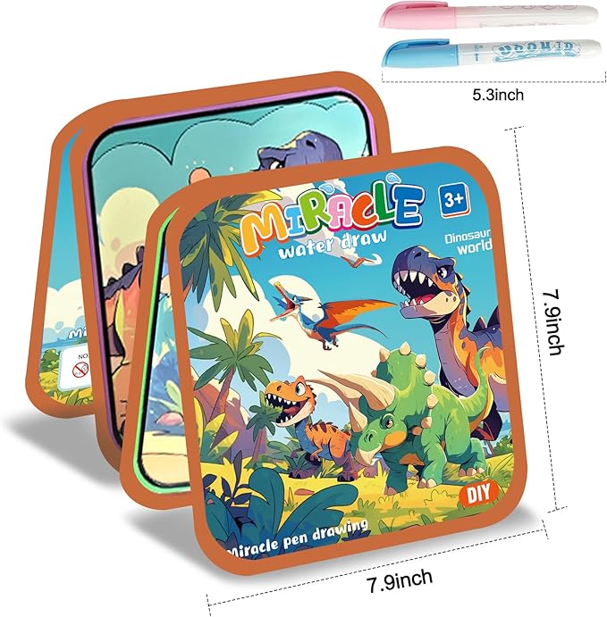 2 Pack Reusable Water Coloring Book for Toddlers,Dinosaur & Marine Themes Magic Water Painting Books Mess-Free Coloring Book with Water Pen for Kids Ages 3+