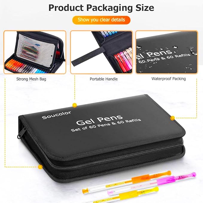 Soucolor Glitter Gel Pens for Adult Coloring Books, School Art Class Supplies,120 Pack-60 Glitter Pens, 60 Refills and Travel Case, 40% More Ink Markers Set for Drawing Doodle Journaling Planner Craft