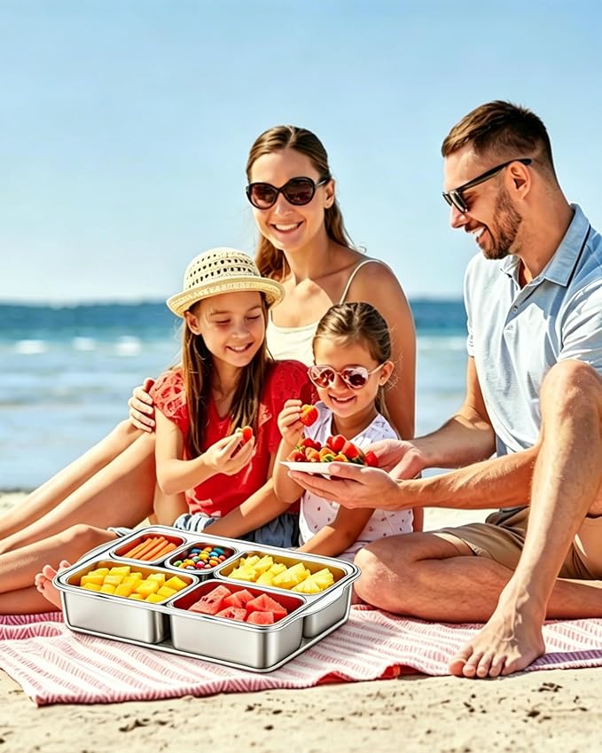 Snackle Box Container, 5-Compartment Stainless Steel Snack Box, Dishwasher Safety Snack Tray with Lid and Handle, Large Divided Serving Tray for Travel, Picnic, Beach, Pool and Parties