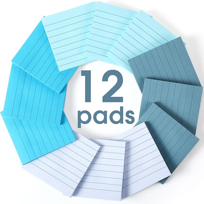 AmazingSpark 12 Pack Blue Lined Sticky Notes 3x3 inch Post Ruled Stickies Super Self Stick Power Memo Pads Multi Colors Notes Pads Vintage Aesthetic School Office Supplies Accessories