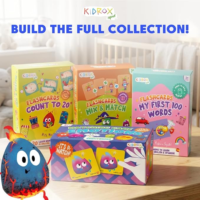 Kidrox 100 First Words Flash Cards for Toddlers, English with Spanish Learning Cards, Preschool Vocabulary & Speech Development Toy with Peek-a-Boo Sleeve for Memory Enhancement & Pattern Recognition