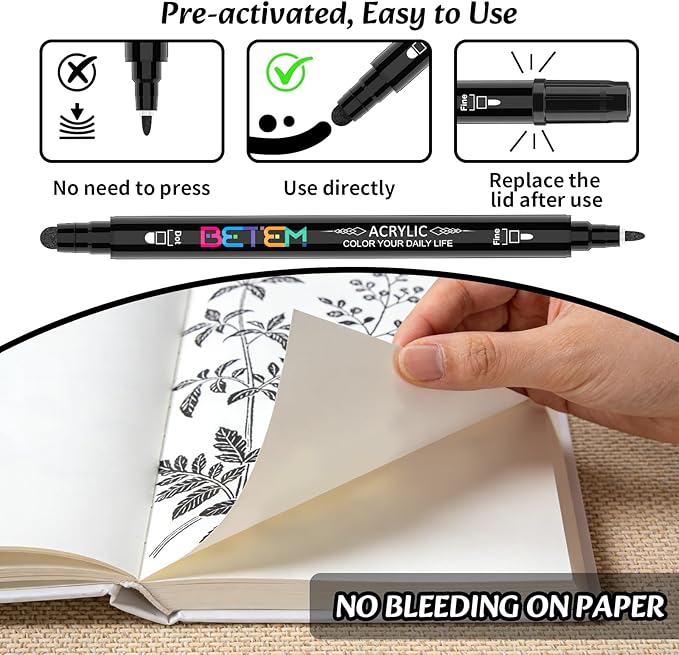 Betem 6 Black Dual Tip Acrylic Paint Markers, Fabric Decorating Kits Premium Water-Based Acrylic Paint Pens Art Supplies for Fabric, Rock, Wood, Glass, Canvas, Ceramic, Teacher Appreciation Gift