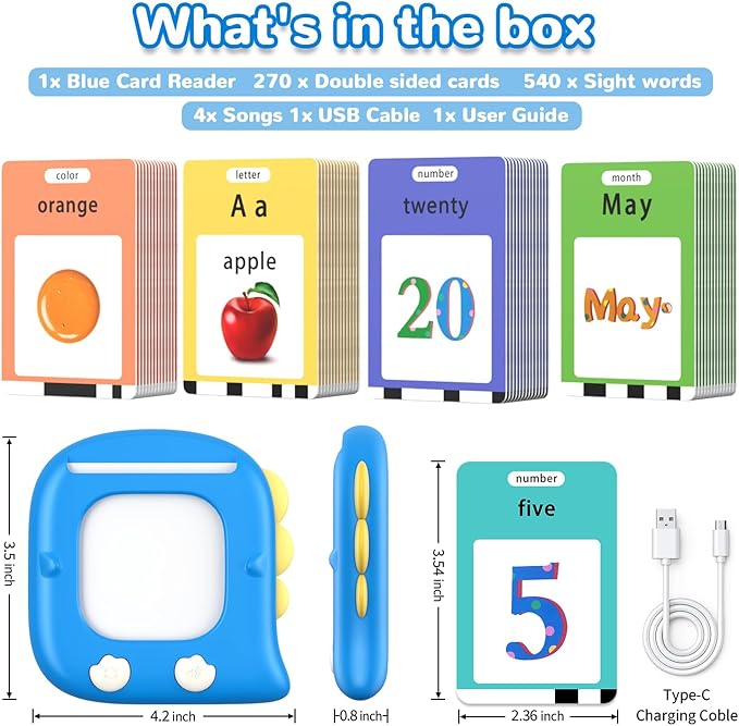 Kidzdo 520 ABCs Talking Flash Cards, Easter Stuff Birthday Gifts for 2 3 4 5 6 Year Old Boys Girls, Early Education Learning Toys, Autism Sensory Toys for Autistic Kids Ages 2-6, Blue