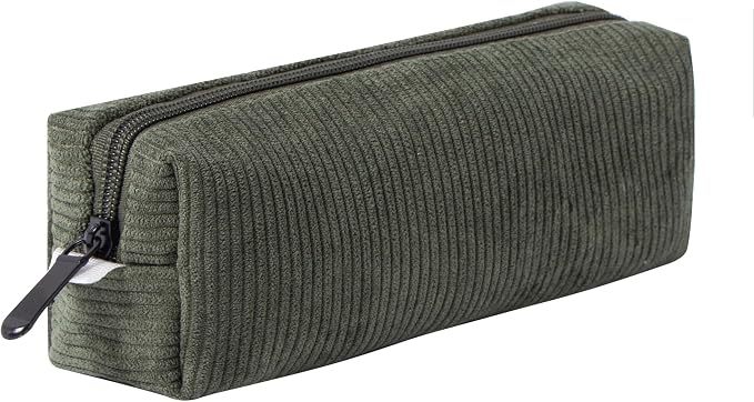 Corduroy Pencil Case for Girls Kids Large Capacity Aesthetic Pen Pouch Makeup Bag Cosmetic Organizer Cute Stationery Storage Bag for School Office Travel Minimalist Pencil Box (Dark Green)