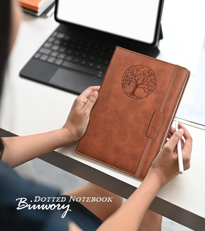 Biuwory Dotted Journal Notebook for Women Men, 140 Pages Hardcover Dot Grid Notebooks for Work, School & Travel, Leather Journals for Writing, Bullet Journaling 5.7"×8.3" (Brown)