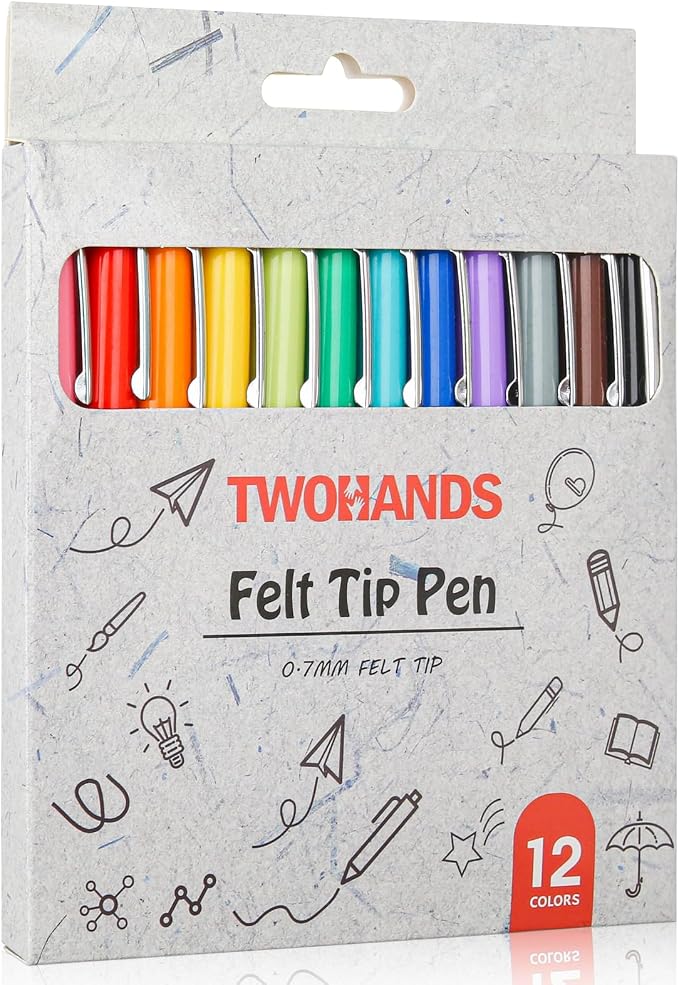 TWOHANDS Felt Tip Pens, Assorted Colors, 0.7mm, 12-pack