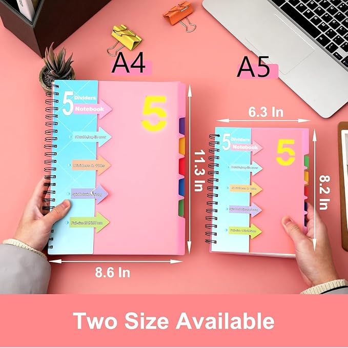 CAGIE 2 Pack 5 Subject Notebook with Dividers 220 Pages Spiral Notebooks with Tabs 6x8 A5 Spiral Bound Journal for Note Taking Work School Supplies, Pink