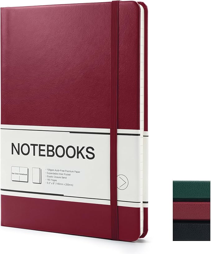 M&G Dotted Journal Notebook, 160 Pages A5 Hardcover Leather Journal for Men Women, 100GSM Thick College Ruled Paper for School and Work Note Taking 5.6" x 8", Burgundy