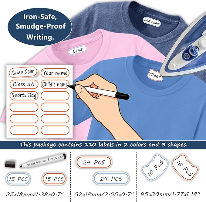 Washable Iron-On Fabric Labels(110 Pcs) with Pen | 3 Shapes & 2 Colors for Kids, Nursing Home, Daycare