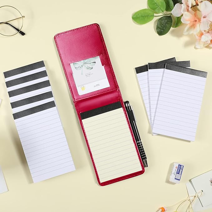 Outus 10 Pcs Mini Pocket Notepad Holder Set Included Small Leather Pocket Notebook Holder with 50 Lined Sheets, Metal Pen, 8 Pcs 3 x 5 Inch Memo Book Refills, 30 Lined Paper Per Note Pad (Rose Red)