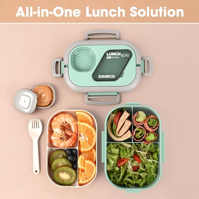 PEDECO Green Lunch Box Set with Bag & Utensil, Leak Proof for Women Men Kid | 2-tier stackable container with sauce pod,Insulated bag keeps food hot or cold,Microwave & dishwasher safe,for women men