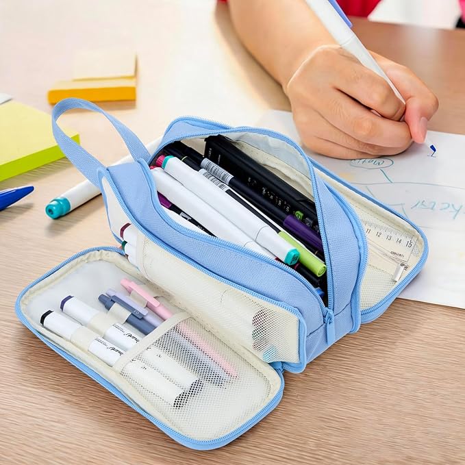 Pencil Case Pouch, Large Capacity Pencil Box Bag, Aesthetic Pen Organizer for School Supplies, Cute Preppy Stuff for Girls Boys Kids, Back to College Stationery, Dusty Blue