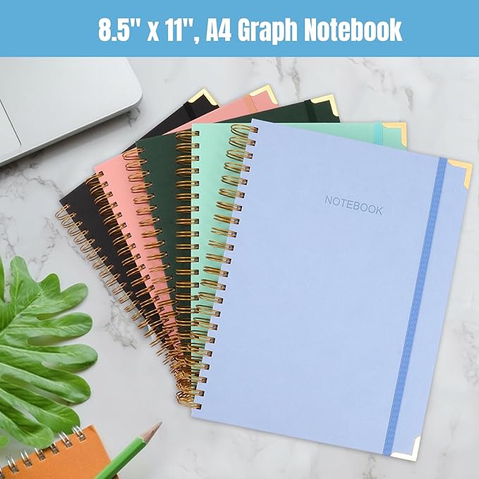 Graph Paper Notebook, 8.5" x 11" Spiral Notebook, 300 Page Hardcover Graphing Notebook for School, Leather Notebooks for Work, Engineering, Thick Large A4 Grid Notebook, 5 Squares, 24Pcs Tabs, Teal