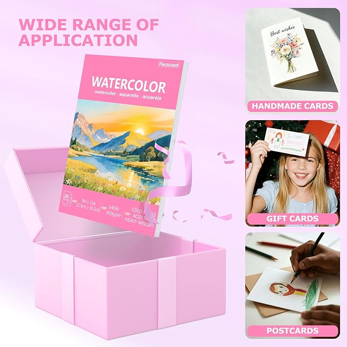 Pacocoast Watercolor Paper, 9"X12" Artist Drawing Paper Pads, (300gsm/140lb) Water Color Sketch Book for Painting, Arts & Crafts Supplies for Adults, Watercolor Journal Notebook, Pink