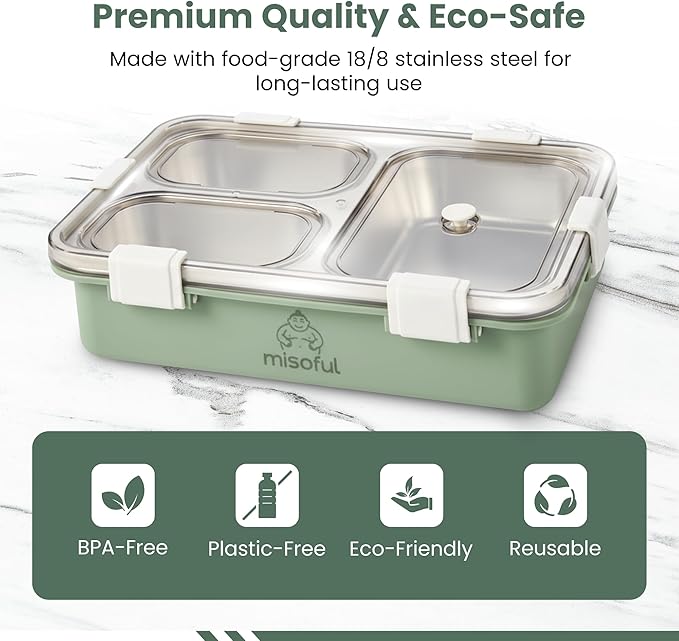 Bento Lunch Box for Kids Age 8+, Teens, Adults - 1000ml Stainless Steel School Lunchbox, 3 Compartments, Non-Microwavable, Compact BPA-Free Food Container for School Lunches, Snacks, Travel - Green