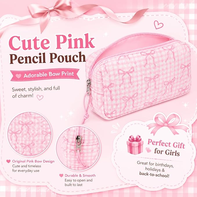 LEDAOU Cute Pencil Case for Kids Girls Boys Pencil Pouch kawaii Pen Pencil Box Bag Holder for School Students (Corduroy Pink Bow Checkered)