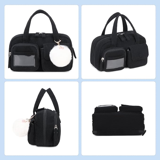 Pencil Case Corduroy Multiple Compartments Pouch Bag for Girl, Black