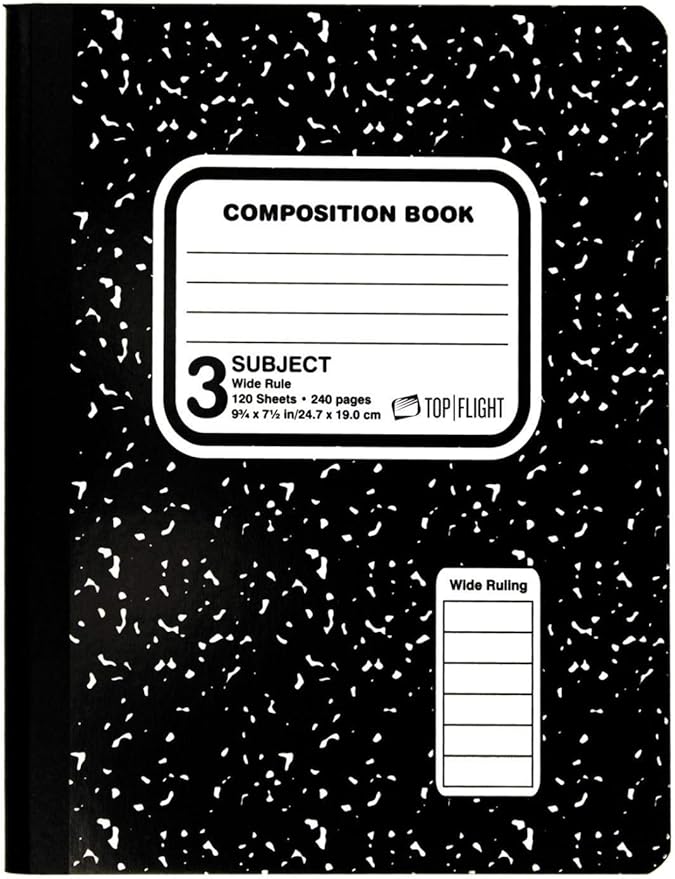 Top Flight Sewn 3-Subject Marble Composition Book, Wide Rule, 9.75 x 7.5 Inches, 120 Sheets, Black/White (11926)