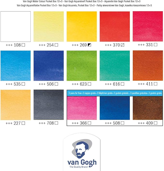 Van Gogh Watercolor Paint Set, Plastic Pocketbox, 12-Half Pan + 3-Half Pan Bonus General Selection