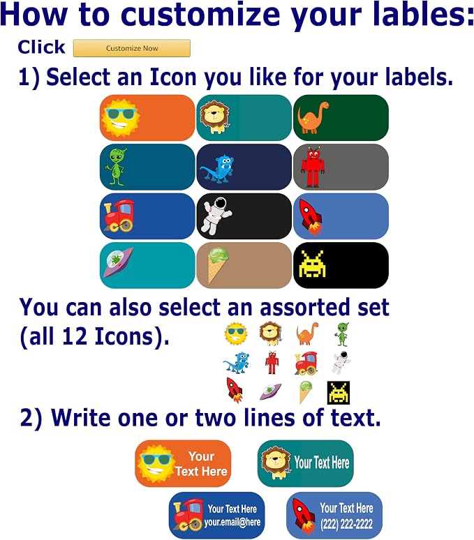 Custom Name Labels – Boys, Girls and Kids Icon Designs. 52 Waterproof Labels for School, Daycare and Camp. Personalized Stickers, Dishwasher and Microwave Safe, Machine Washable.