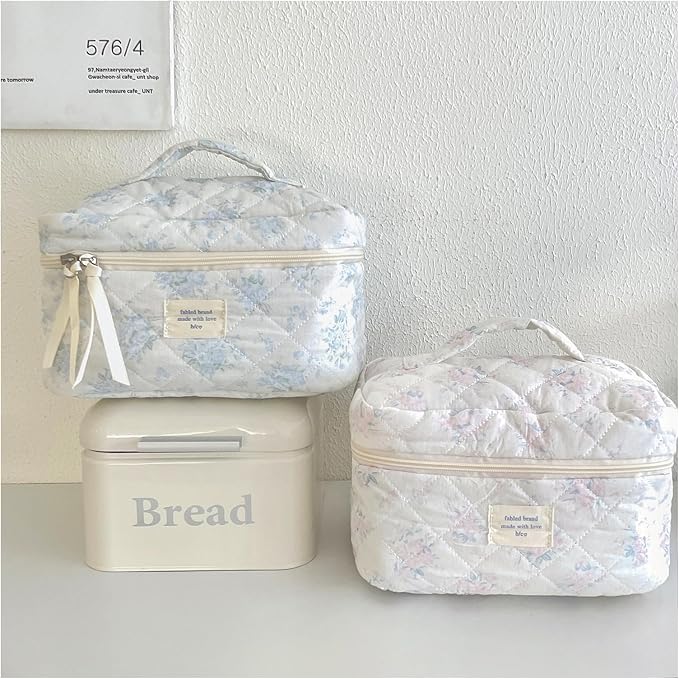 uekeboag Large Travel Quilted Makeup Bag for Women | Soft Floral Cotton Cosmetic Bag, Foldable Coquette Aesthetic Toiletry Organizer