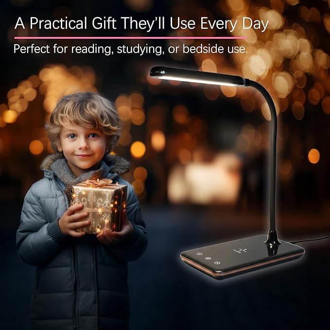 LED Desk Lamp with 10W Fast Wireless Charger, Touch Stepless Dimming Eye-Care Study Light with 3 Color Modes & Flexible Neck, Reading Lamp for Students, Bedroom & Home Office