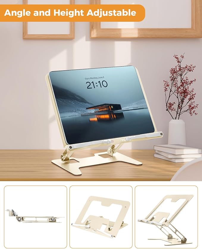 Honagu Adjustable Laptop Stand for Desk, Metal Foldable Laptop Riser, Portable Desktop Book Stand Holder, Ergonominc Computer Notebook Stand Compatible with 10-15.6” Laptops (Milky White)