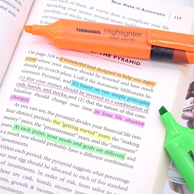 TWOHANDS Highlighters,Chisel Tip Marker Pens,6 Assorted Colors,with Large Ink Reservoir for Extra Long Marking 20062