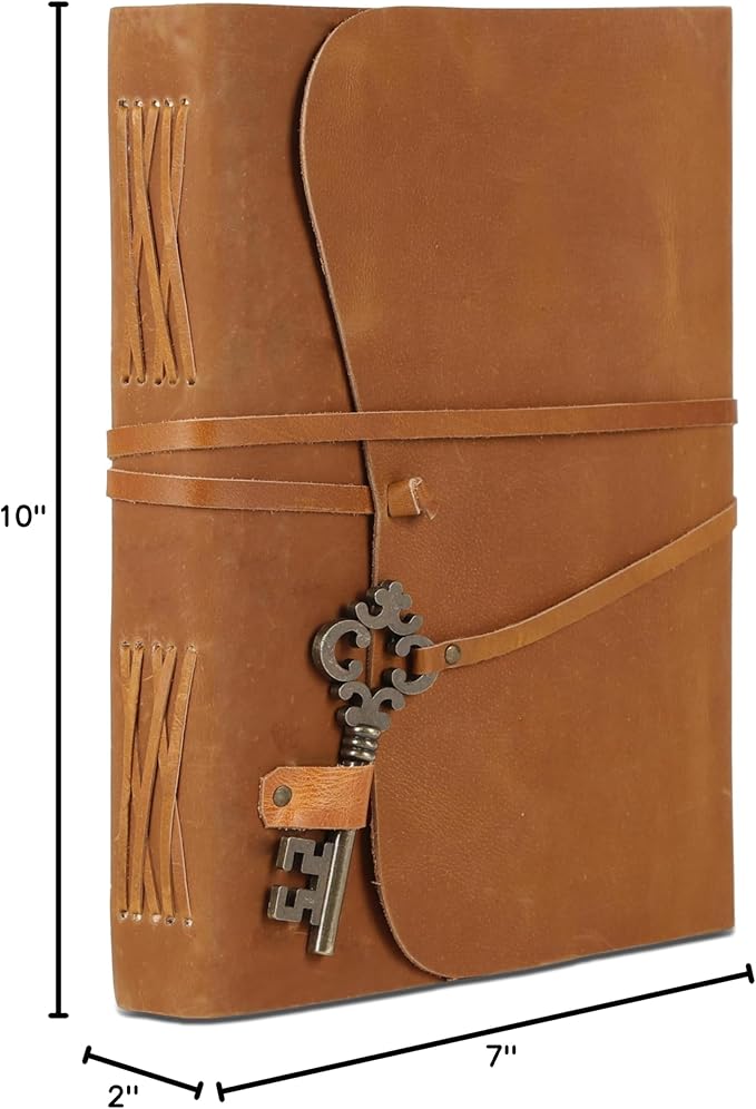 Leather Journal with Deckle Edge Paper 8x6 inch and Vintage Key | Handmade Writing Notebook Diary | Bound Daily Notepad for Men & Women Medium, Sketch/Writing pad for Artists
