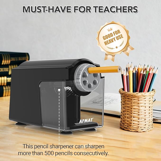 AFMAT Electric Pencil Sharpener for Classroom, 6 Holes, Cordless & Rechargeable, Super Fast, Auto Stop, 10K+ Uses, Heavy Duty Pencil Sharpener for 6-11mm No.2/Large/Colored Pencils PSD4(Black)