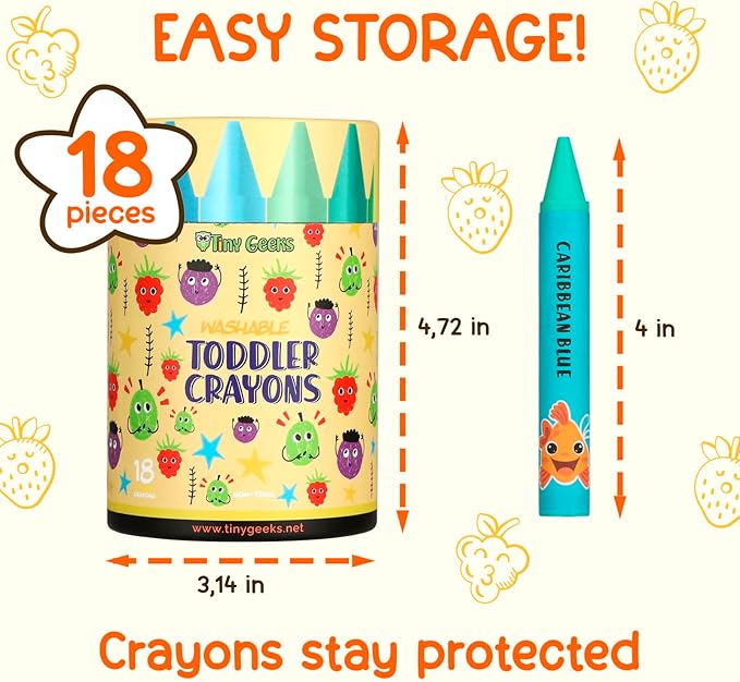 TinyGeeks Jumbo Crayons (18 Colors) β Non-Toxic, Washable Crayons for Toddlers and Kids (Ages 1-8) β Easy-to-Hold - Ideal for Travel, Art, and Learning