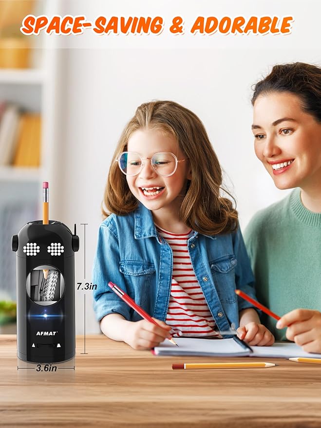 AFMAT Electric Pencil Sharpener Fully Automatic, Colored Pencil Sharpeners for 7-11.5mm Pencils, Rechargeable Hands-Free Robot Sharpener for Classroom, Home, Office, Battery Operated, PSX5EW, Black