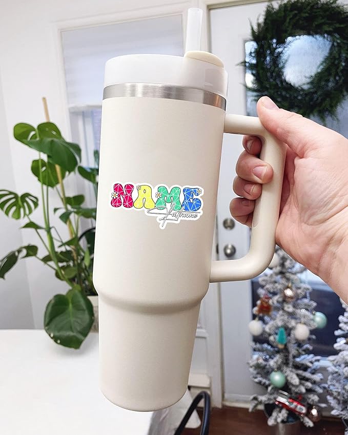 Custom First and Last Name Floral Diamond Effect Sticker Personalized Text Flower Decal Waterproof Vinyl Decal for Water Bottles Tumbler Laptop Hard Hat Car Kindle Gifts for Girl Boy