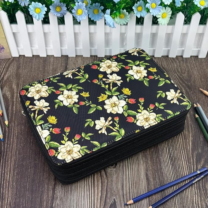 YOUNGCOL 200 Slots Colored Pencil Case Color Pencil Organizer Storage Large Capacity Pencil Case (Black + Retro Flower)
