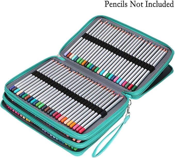BTSKY 200 Slots Colored Pencil Organizer - Deluxe PU Leather Pencil Case Holder With Removal Handle Strap Pencil Box Large for Colored Pencils Watercolor Pencils (Green)
