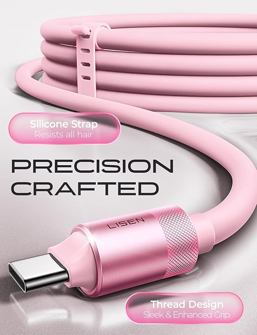 LISEN 10FT USB C Cable Fast Charging, Chubby 240W Cable USB C to USB C Fast Charging Soft Silicone USBC to USBC Parallel Cable for iPhone 17 Pro Max 16 15 Samsung S25 Ultra MacBook Pro Air iPad Pink