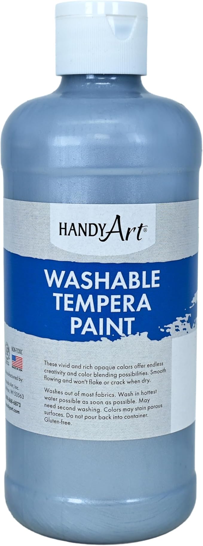 Handy Art Washable Tempera Paint, Metallic Silver, 16 oz Bottle, Bright & Mixable, High Opacity, Washable Colors for Classroom, Students, Kids, Young Artists, Safe & Non-Toxic, Made in USA