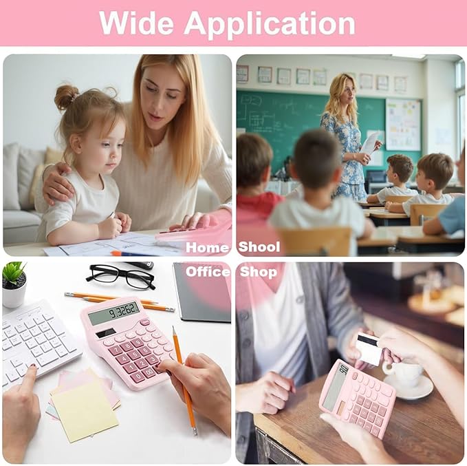 Cute Desktop Basic Calculator for Kids, Dual Solar and Battery Power, Simple 4 Functions and Basic Financial Calculations with Big Buttons and 12 Digit Large Display for Office, Home, School