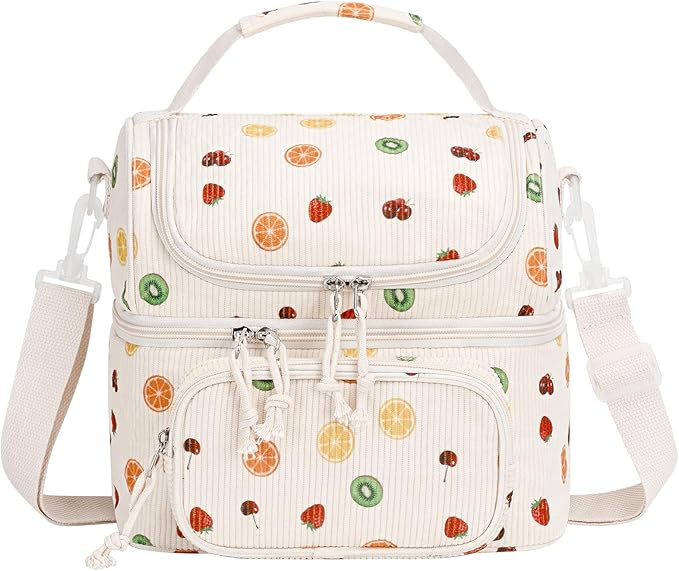 HowFly Lunch Bag for Women Insulated Lunch Boxes Corduroy Resuable Double Deck Lunch Box for Girls Teens Kigs Boys Portable Thermal Cooler Bags for School Work, Fruits